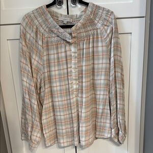LOFT Cream Plaid Smocked Yoke Button-Front Blouse with Orange Accents